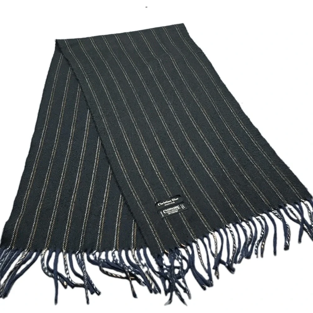 Christian Dior Acrylic Striped Scarf Dark Gray Blue Yellow Fringe RN64886